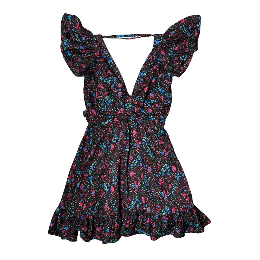 $232 Anthropologie Sabina Musayev S Black Mini Dress Floral Backless Ruffle Pink